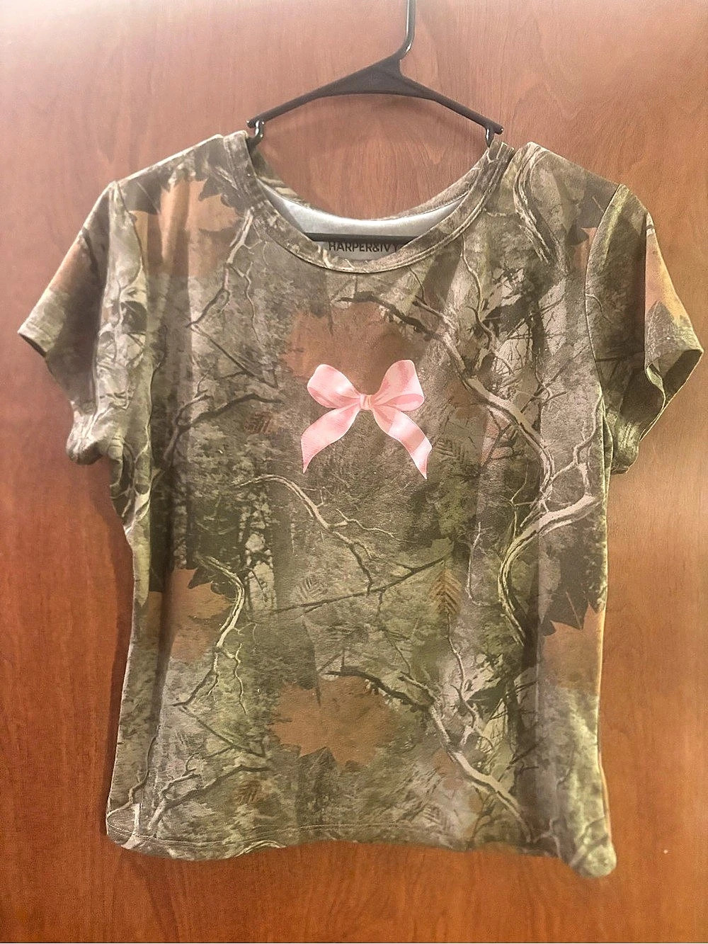 Harper& Ivy Camo Pink Bow Tee Green & Brown XL